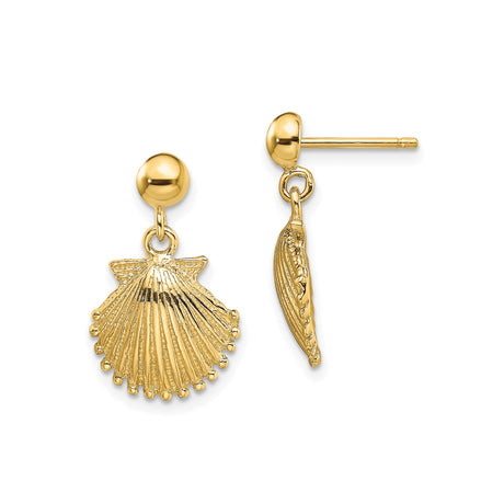 14k Yellow Gold Scallop Shell Dangle Stud Earrings, Coastal Nautical Theme for Women