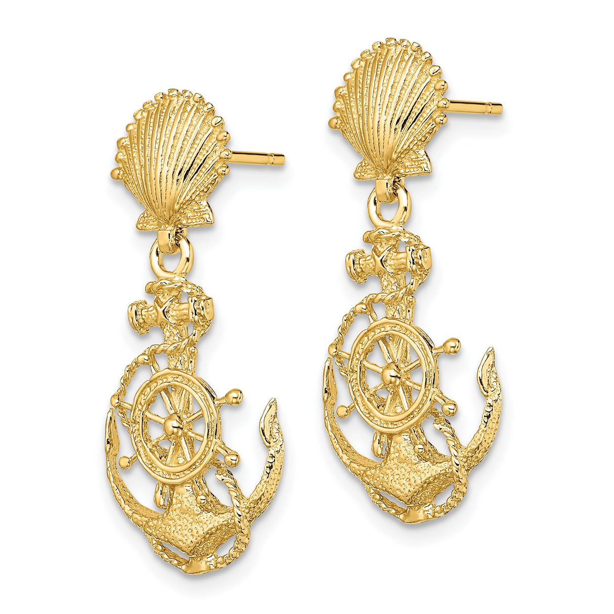 14k Yellow Gold Nautical Drop Earrings with Seashell, Anchor, Ship Wheel, and Rope Detail