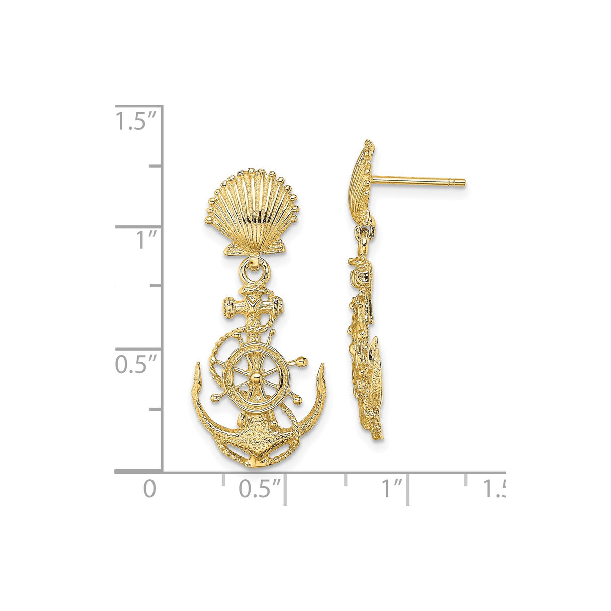 14k Yellow Gold Nautical Drop Earrings with Seashell, Anchor, Ship Wheel, and Rope Detail