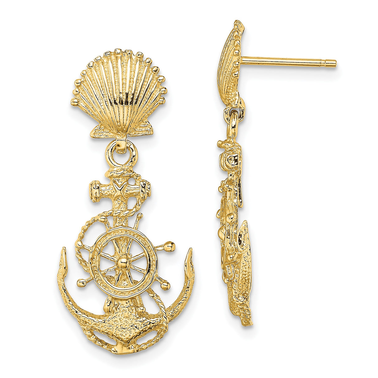 14k Yellow Gold Nautical Drop Earrings with Seashell, Anchor, Ship Wheel, and Rope Detail