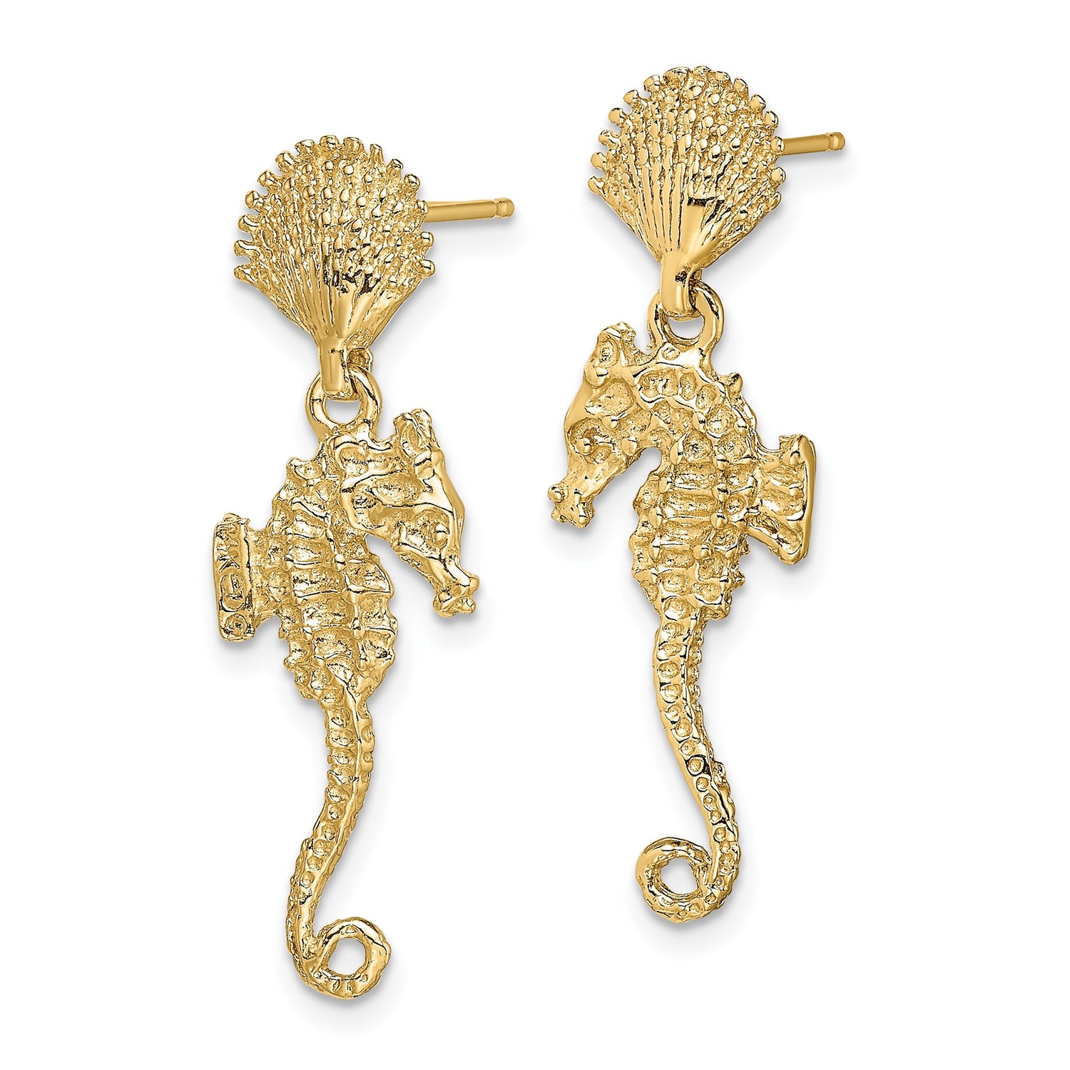 14k Yellow Gold Dangle Earrings with Seahorse Charms and Textured Seashell Studs, Nautical Theme