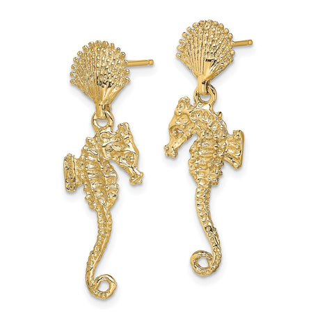 14k Yellow Gold Dangle Earrings with Seahorse Charms and Textured Seashell Studs, Nautical Theme