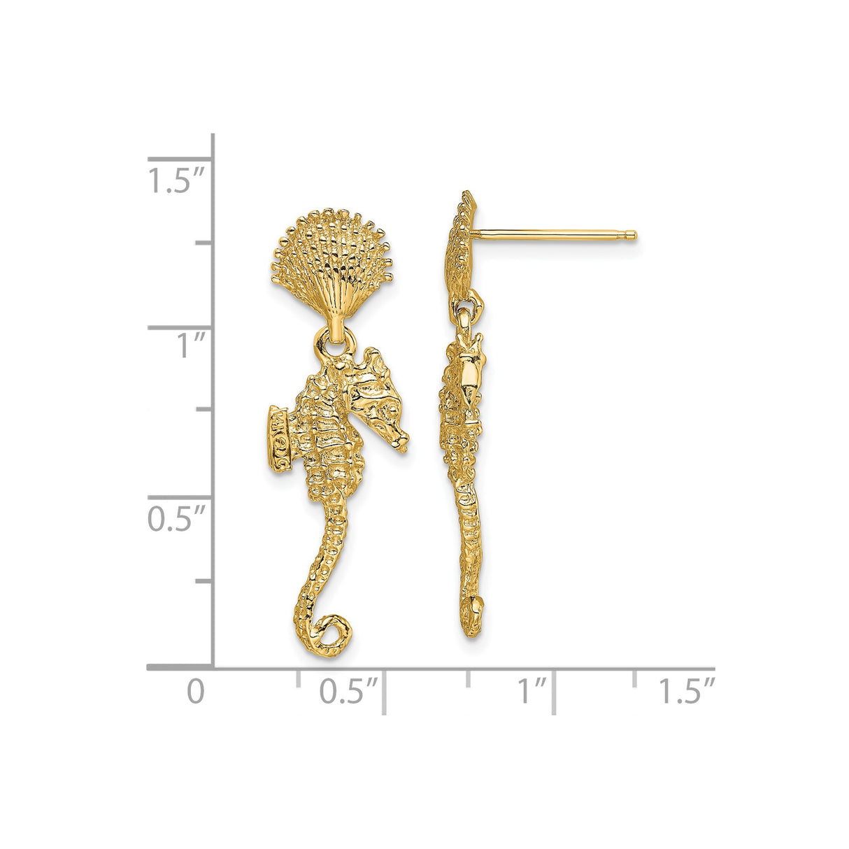 14k Yellow Gold Dangle Earrings with Seahorse Charms and Textured Seashell Studs, Nautical Theme