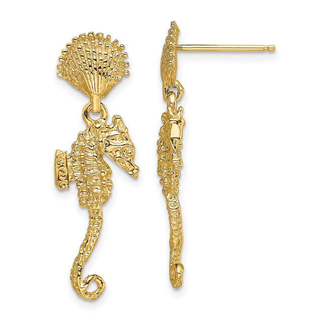 14k Yellow Gold Dangle Earrings with Seahorse Charms and Textured Seashell Studs, Nautical Theme