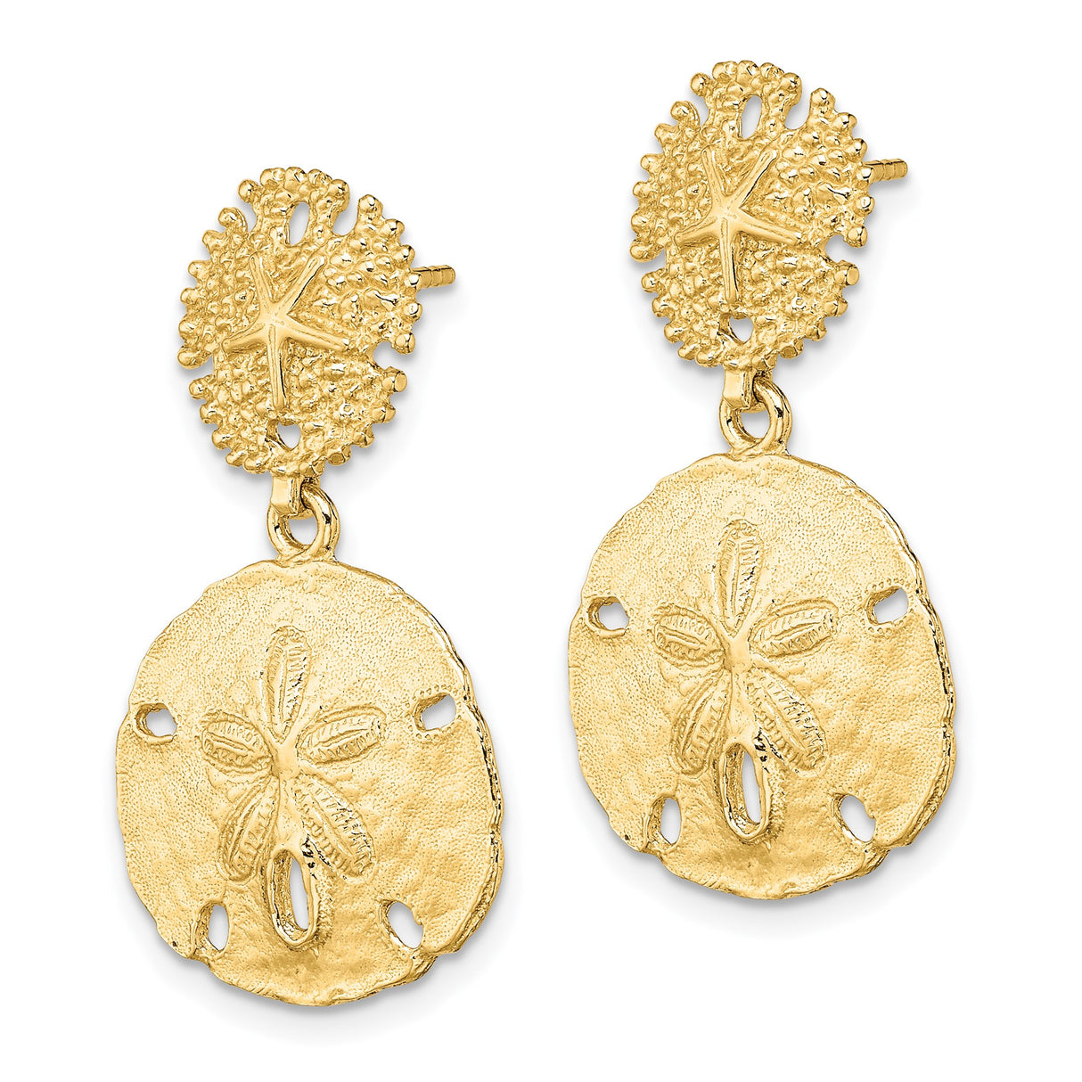 14k Yellow Gold Sand Dollar Drop Earrings, Ocean Motif Nautical Style for Women