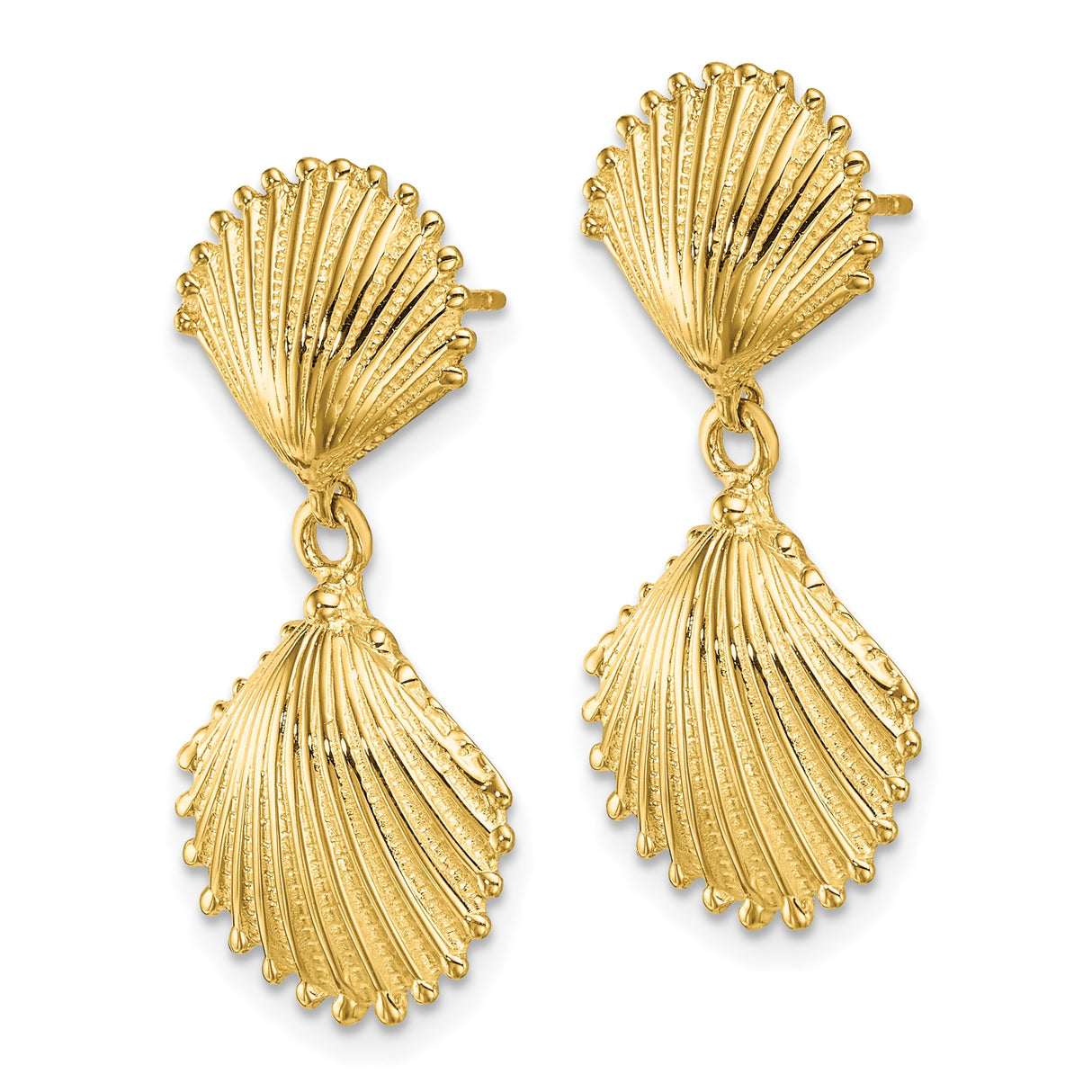 14k Yellow Gold Dangle Earrings with Double Scallop Shell Design, Coastal Theme Jewelry for Women