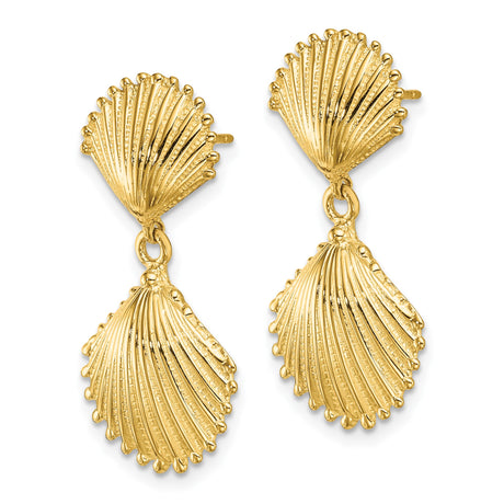 14k Yellow Gold Dangle Earrings with Double Scallop Shell Design, Coastal Theme Jewelry for Women
