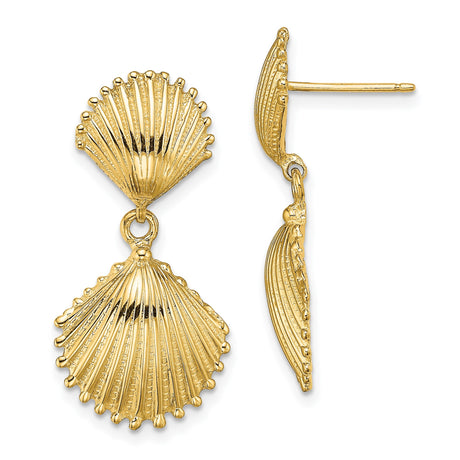 14k Yellow Gold Dangle Earrings with Double Scallop Shell Design, Coastal Theme Jewelry for Women
