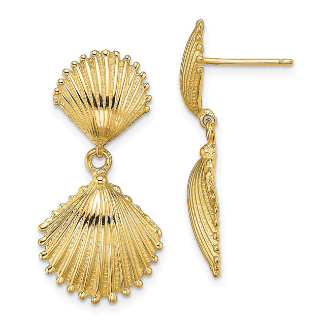 14k Yellow Gold Dangle Earrings with Double Scallop Shell Design, Coastal Theme Jewelry for Women