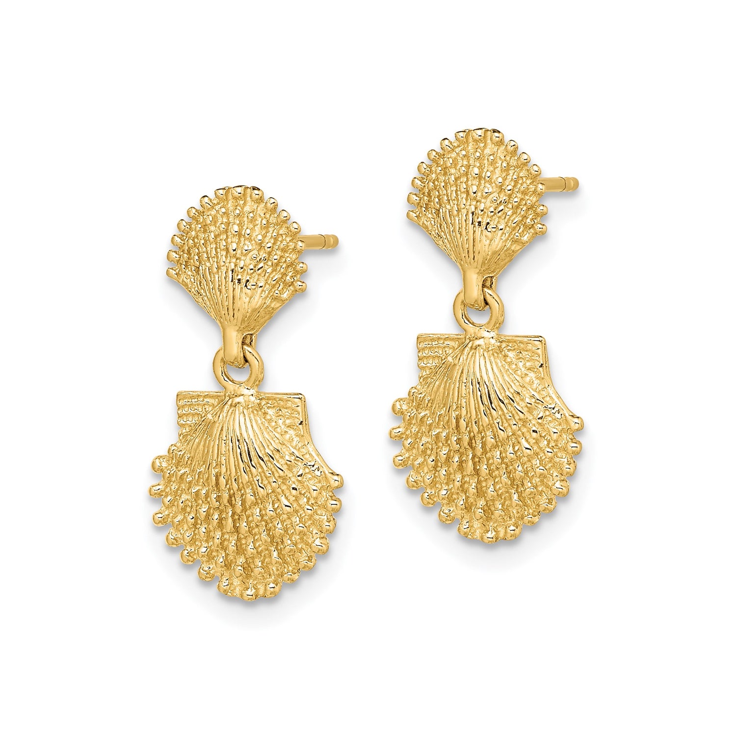 14k Yellow Gold Dangle Earrings with Double Scallop Shell Design, Nautical Coastal Style