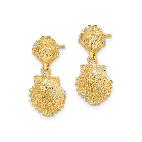 14k Yellow Gold Dangle Earrings with Double Scallop Shell Design, Nautical Coastal Style