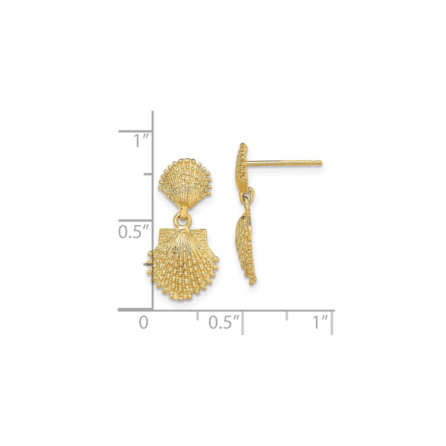 14k Yellow Gold Dangle Earrings with Double Scallop Shell Design, Nautical Coastal Style