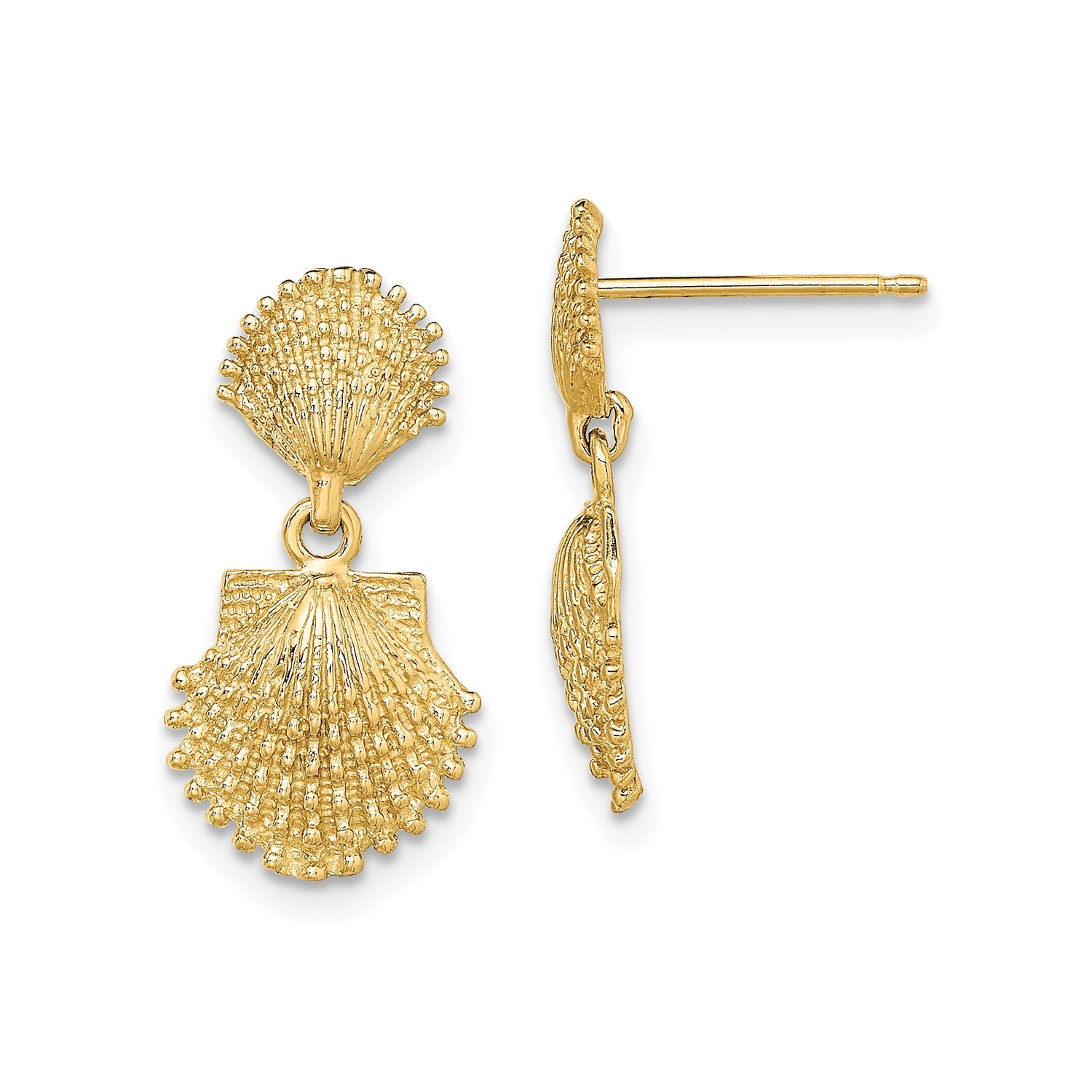14k Yellow Gold Dangle Earrings with Double Scallop Shell Design, Nautical Coastal Style