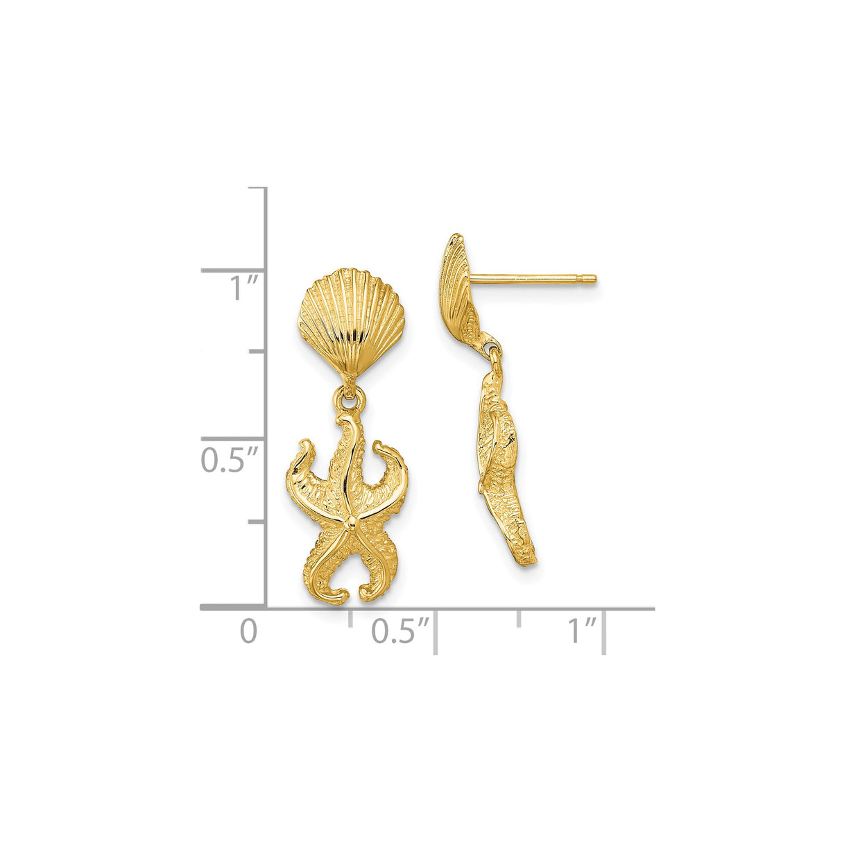14k Yellow Gold Dangle Earrings with Textured Starfish Charm and Seashell Stud, Nautical Beach Style