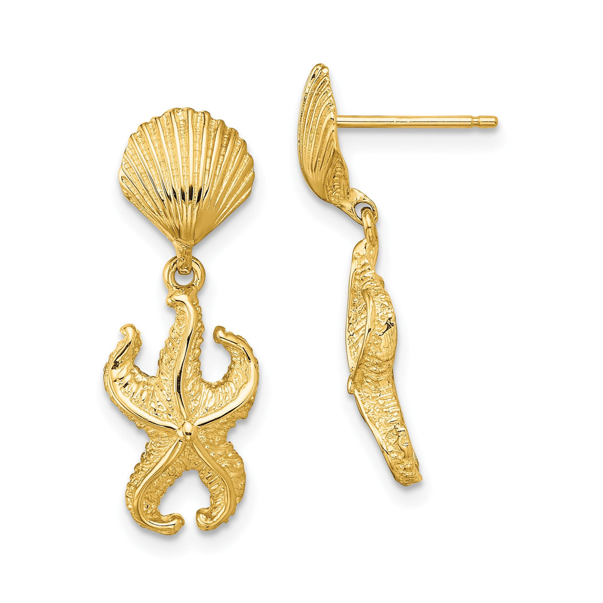 14k Yellow Gold Dangle Earrings with Textured Starfish Charm and Seashell Stud, Nautical Beach Style
