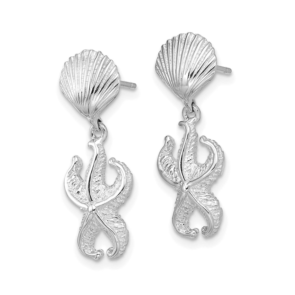 14k White Gold Dangle Earrings with Starfish and Seashell Design, Ocean-Inspired Jewelry for Women