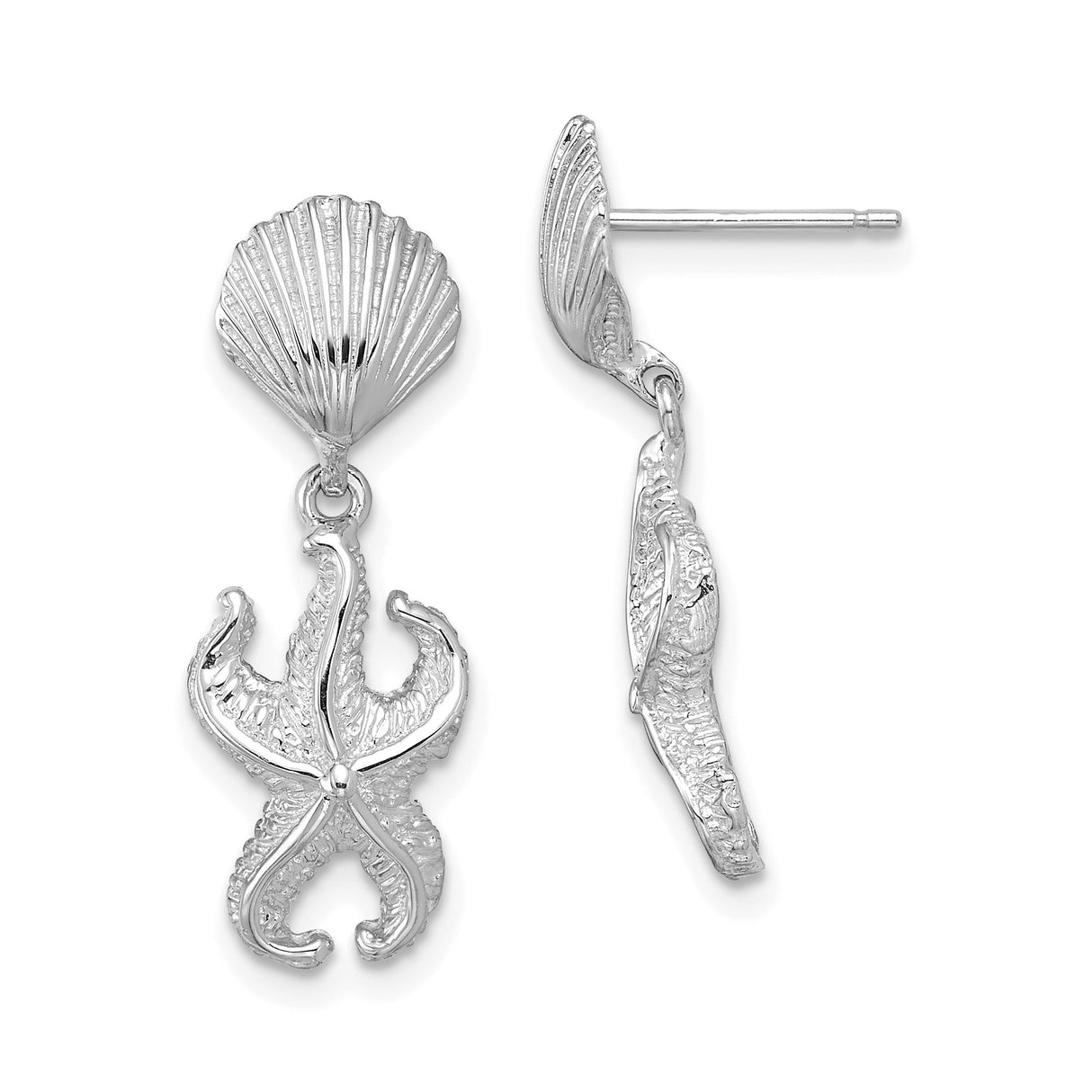 14k White Gold Dangle Earrings with Starfish and Seashell Design, Ocean-Inspired Jewelry for Women