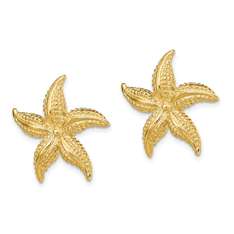 14k Yellow Gold Starfish Stud Earrings, Textured Marine Life Nautical Design for Women