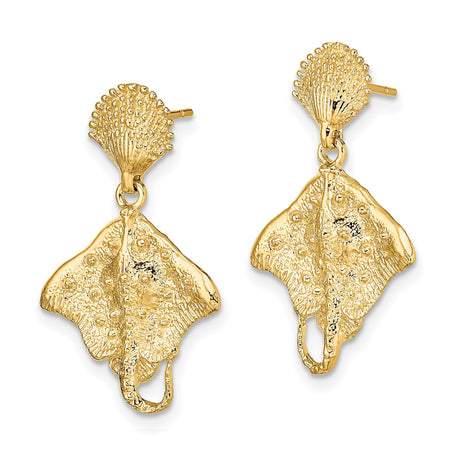 14k Yellow Gold Stingray Dangle Earrings with Textured Seashell Post, Nautical Coastal Theme