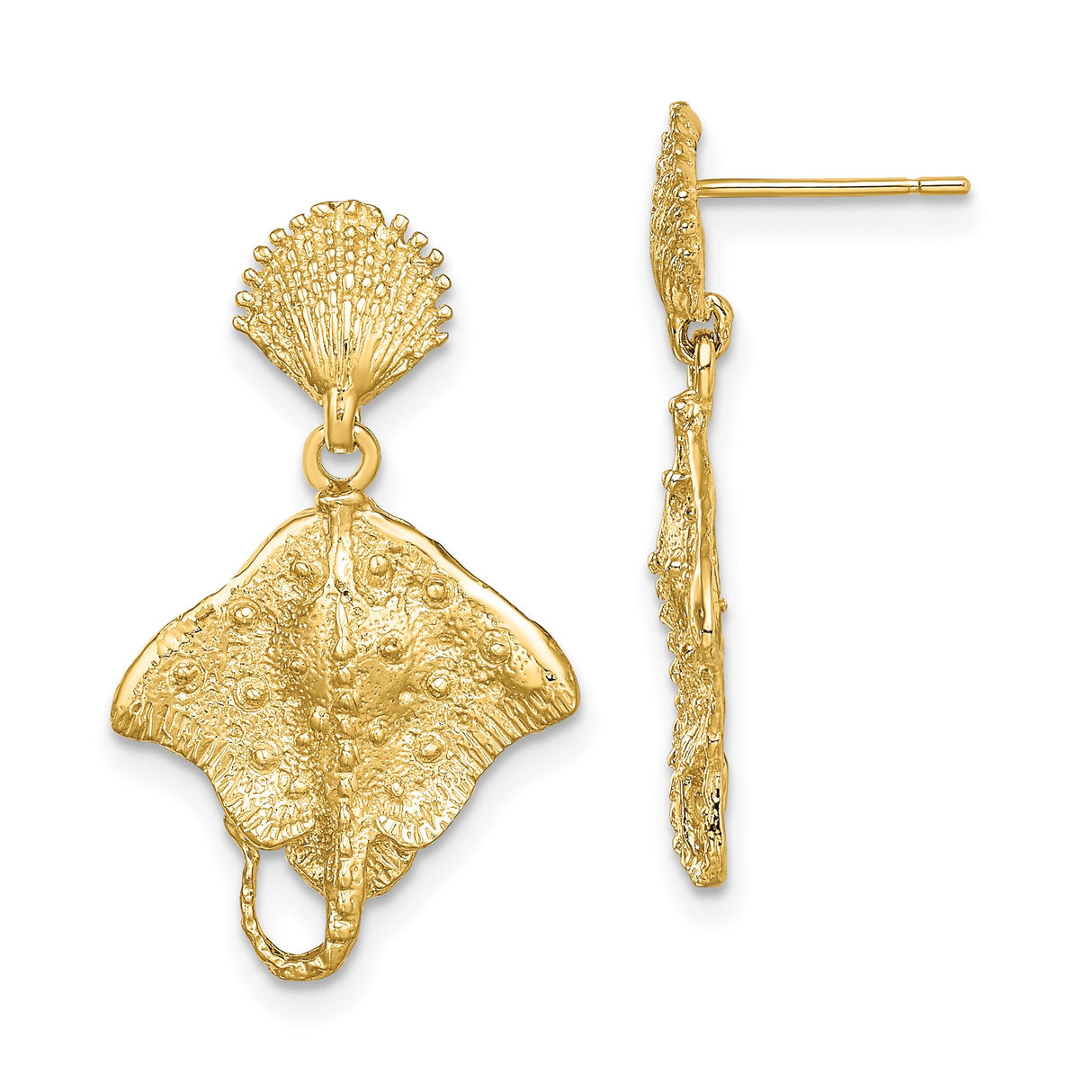 14k Yellow Gold Stingray Dangle Earrings with Textured Seashell Post, Nautical Coastal Theme