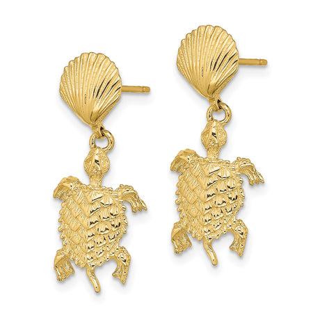 14k Yellow Gold Sea Turtle Dangle Earrings with Shell Studs, Nautical Marine Animal Theme