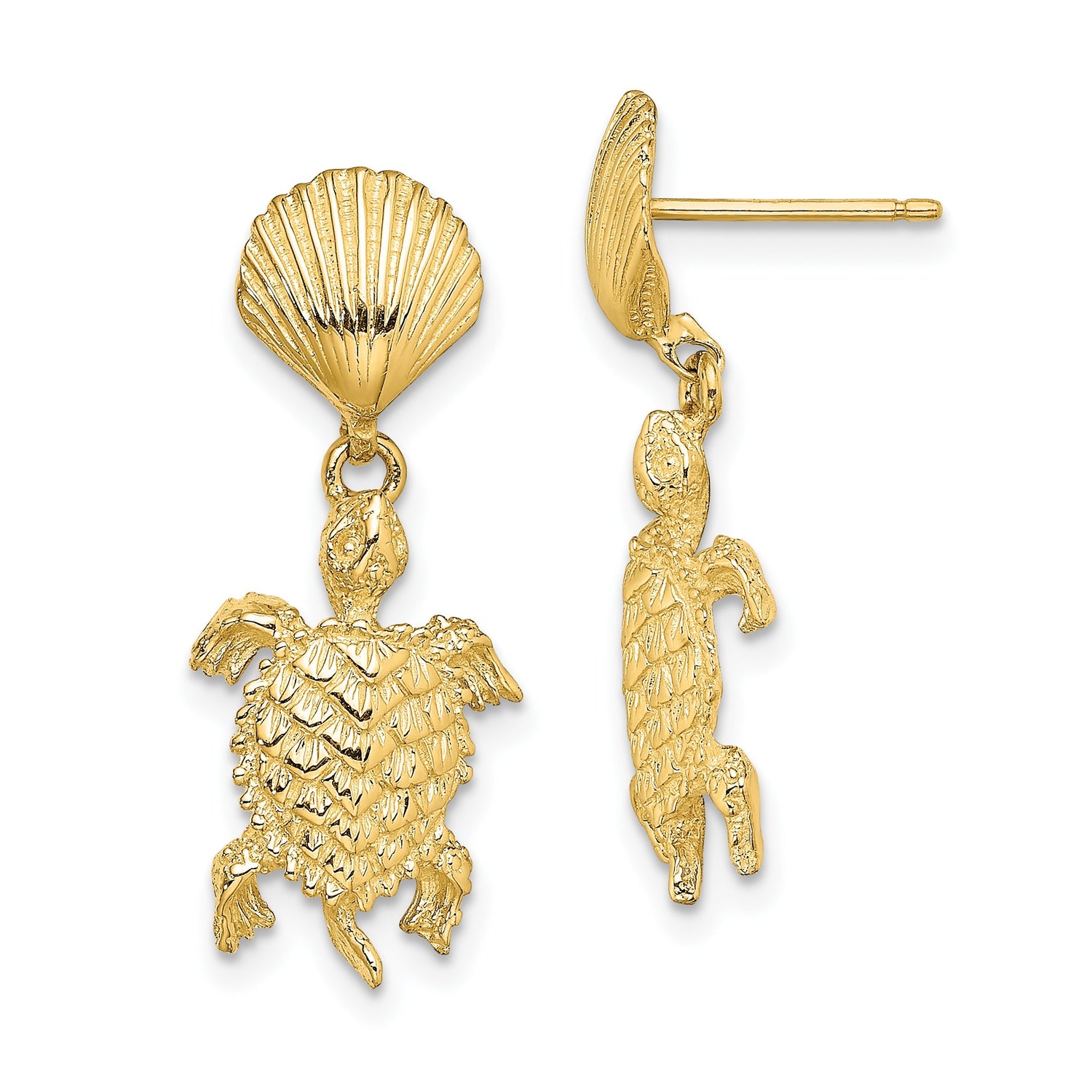 14k Yellow Gold Sea Turtle Dangle Earrings with Shell Studs, Nautical Marine Animal Theme