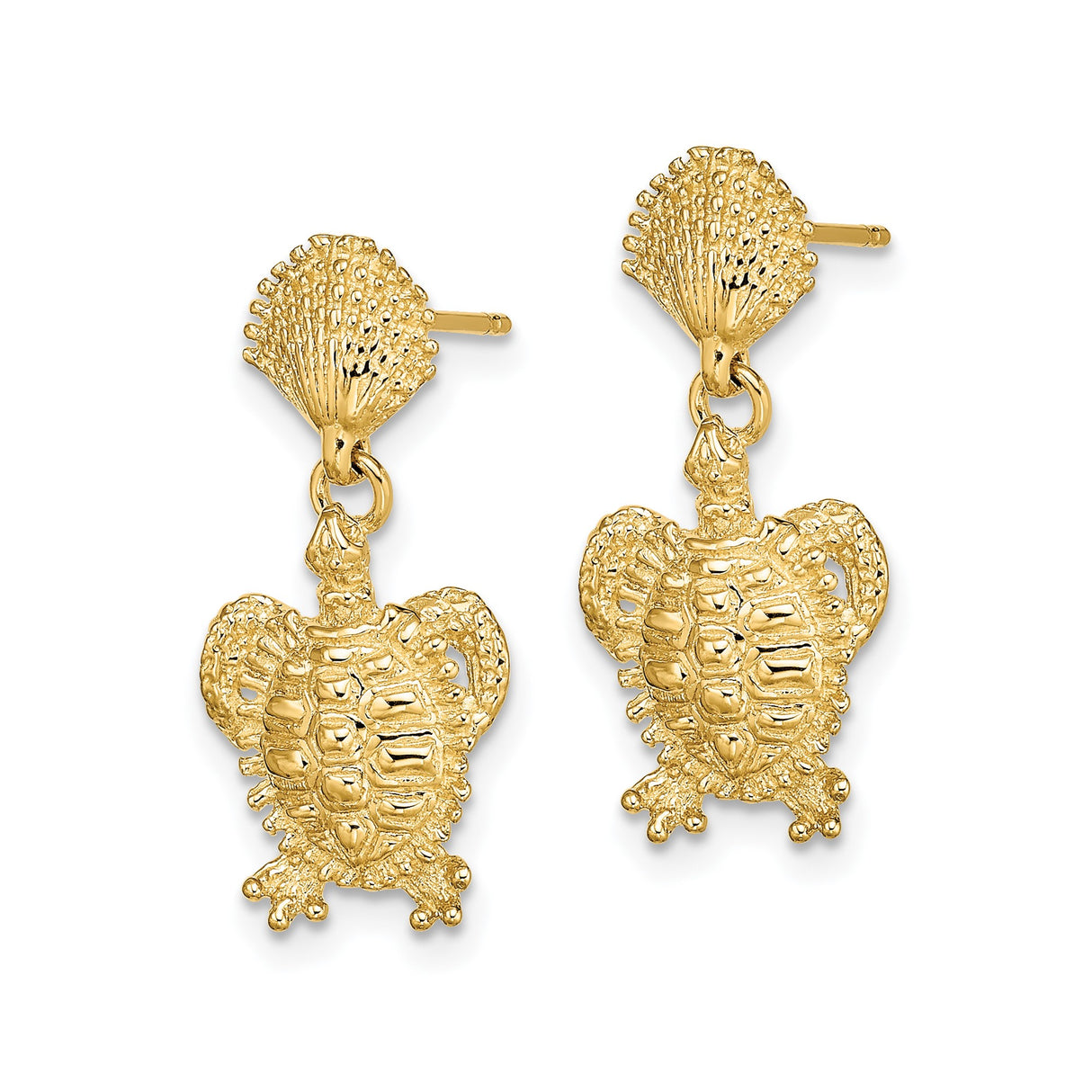 14k Yellow Gold Dangle Earrings with Sea Turtle and Seashell Design, Coastal Ocean Theme