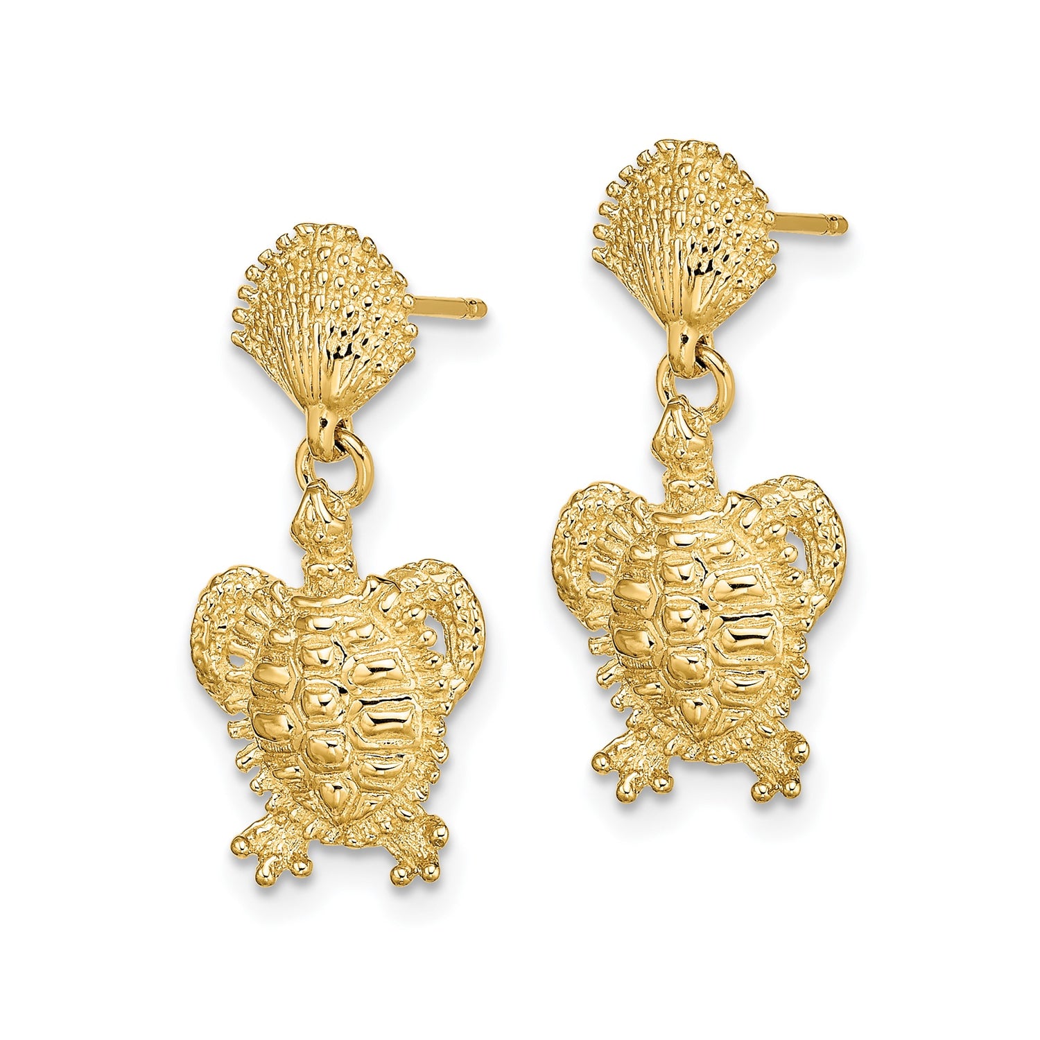 14k Yellow Gold Dangle Earrings with Sea Turtle and Seashell Design, Coastal Ocean Theme