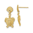 14k Yellow Gold Dangle Earrings with Sea Turtle and Seashell Design, Coastal Ocean Theme