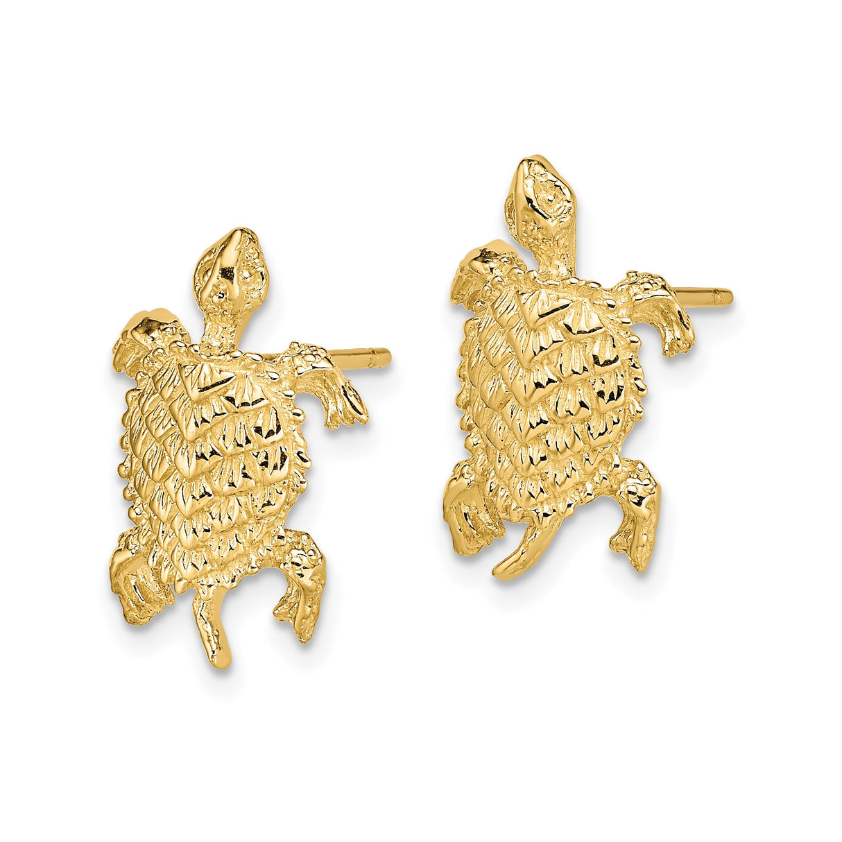 14k Yellow Gold Sea Turtle Stud Earrings with Textured Shell and Flipper Detail