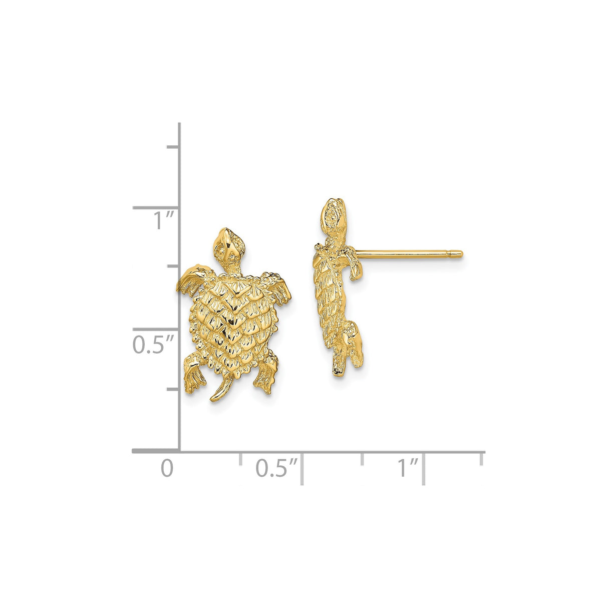 14k Yellow Gold Sea Turtle Stud Earrings with Textured Shell and Flipper Detail
