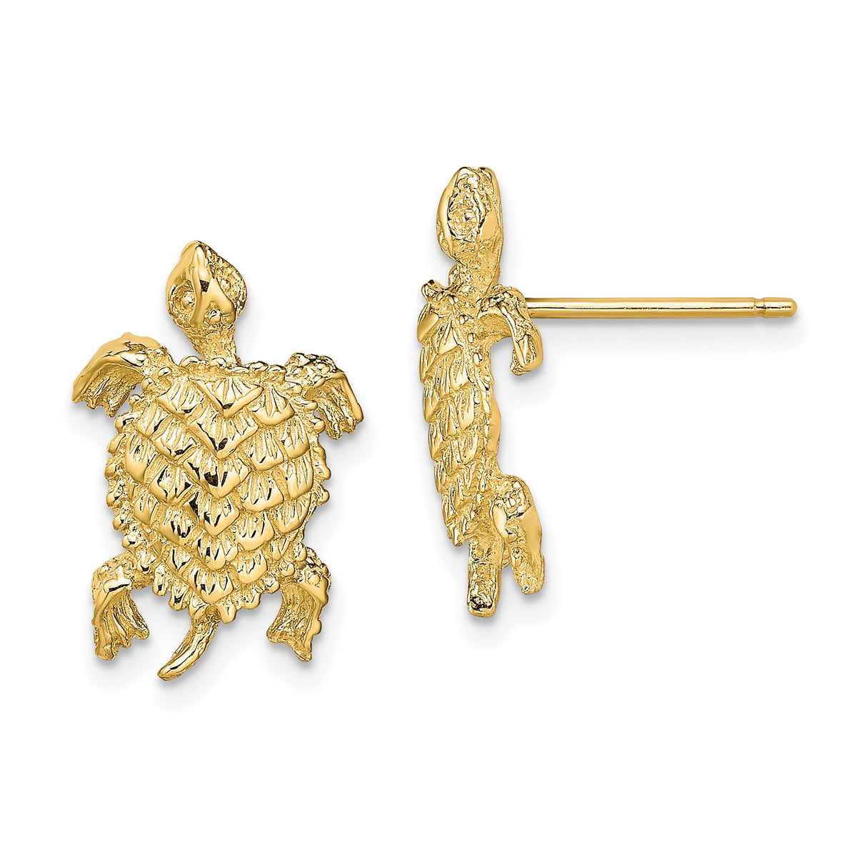 14k Yellow Gold Sea Turtle Stud Earrings with Textured Shell and Flipper Detail