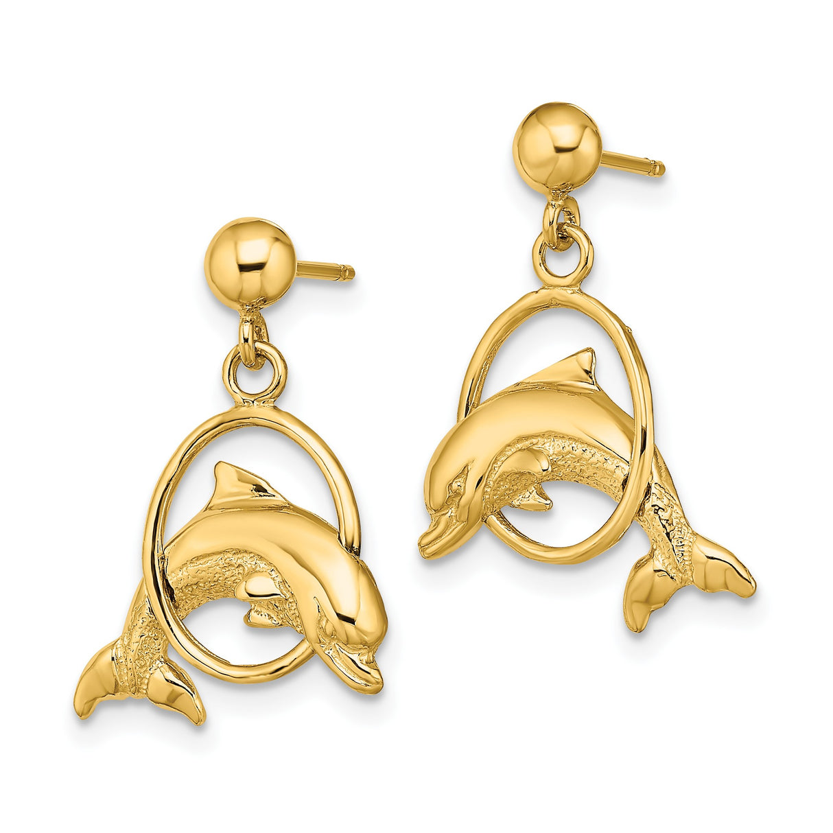14k Yellow Gold Dolphin Dangle Earrings, Leaping Hoop Design, Ocean-Inspired Jewelry for Women