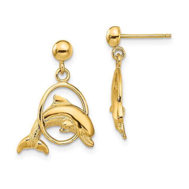 14k Yellow Gold Dolphin Dangle Earrings, Leaping Hoop Design, Ocean-Inspired Jewelry for Women