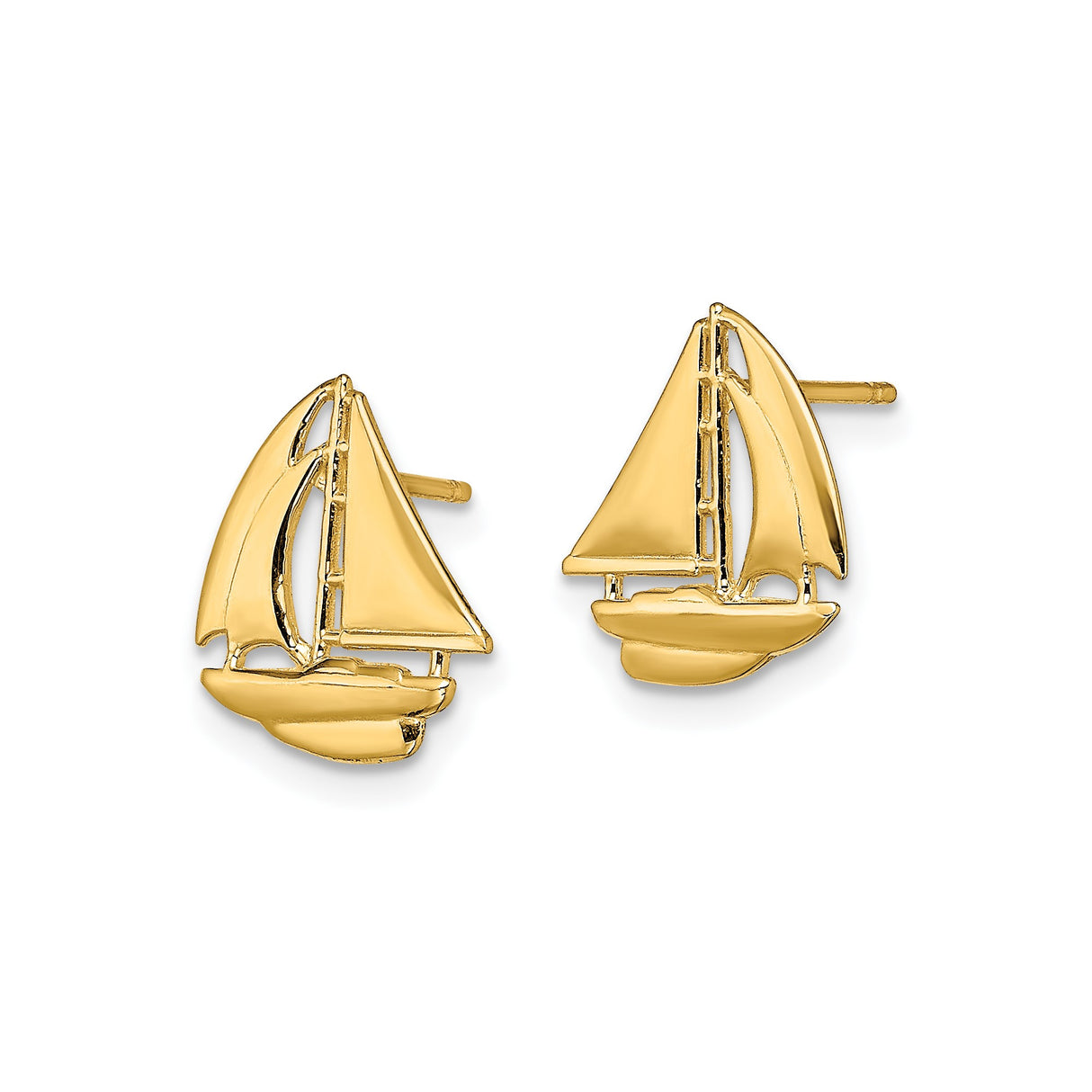 14k Yellow Gold Sailboat Stud Earrings, Nautical Coastal Design for Women