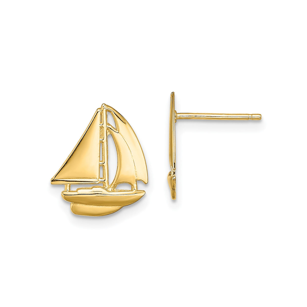 14k Yellow Gold Sailboat Stud Earrings, Nautical Coastal Design for Women
