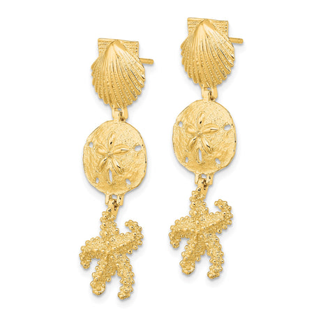 14k Yellow Gold Dangle Earrings with Starfish, Sand Dollar, and Seashell Design, Nautical Beach Style