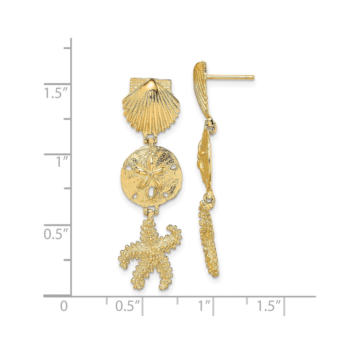 14k Yellow Gold Dangle Earrings with Starfish, Sand Dollar, and Seashell Design, Nautical Beach Style