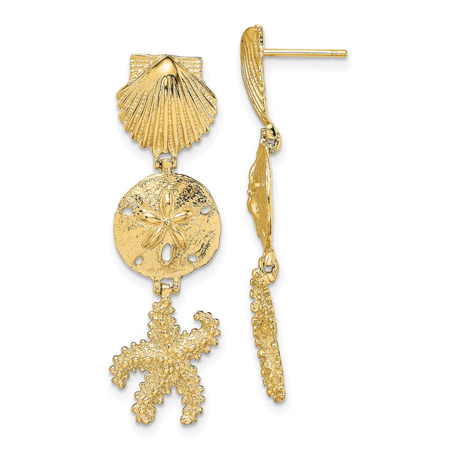 14k Yellow Gold Dangle Earrings with Starfish, Sand Dollar, and Seashell Design, Nautical Beach Style