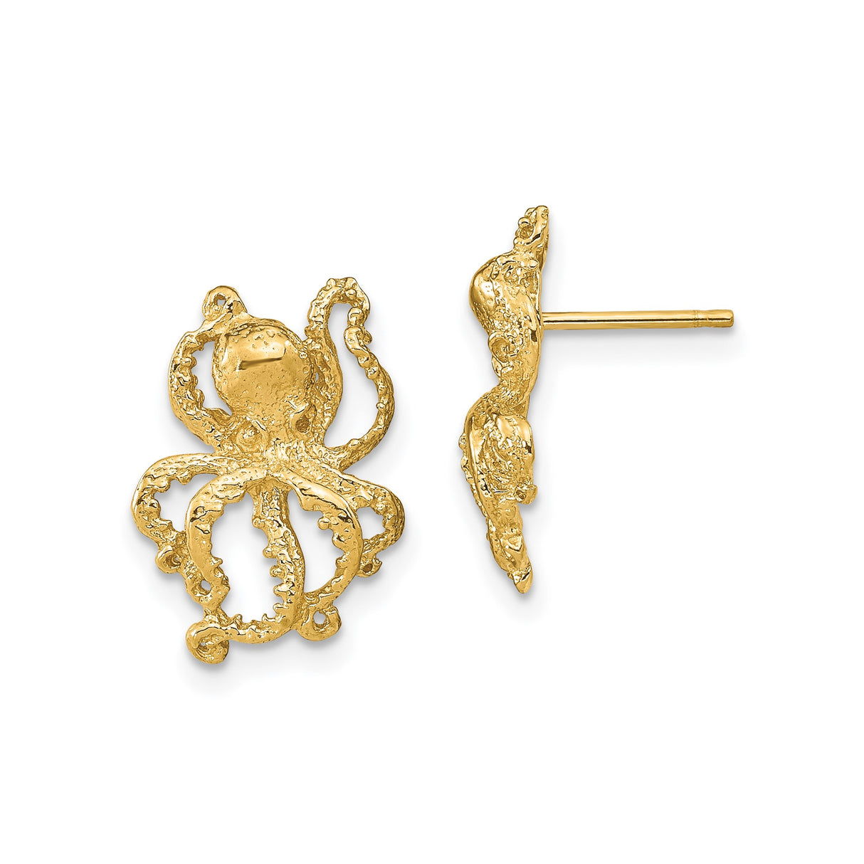 14k Yellow Gold Octopus Stud Earrings, Marine Animal Design, Nautical Sea Life Theme