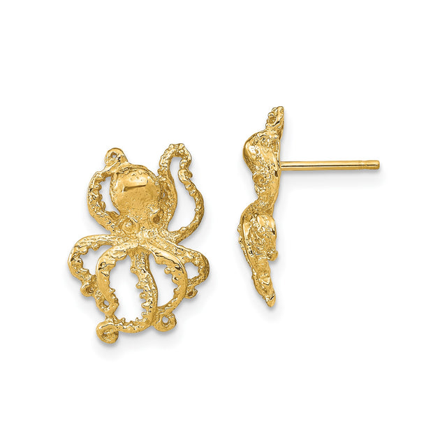 14k Yellow Gold Octopus Stud Earrings, Marine Animal Design, Nautical Sea Life Theme