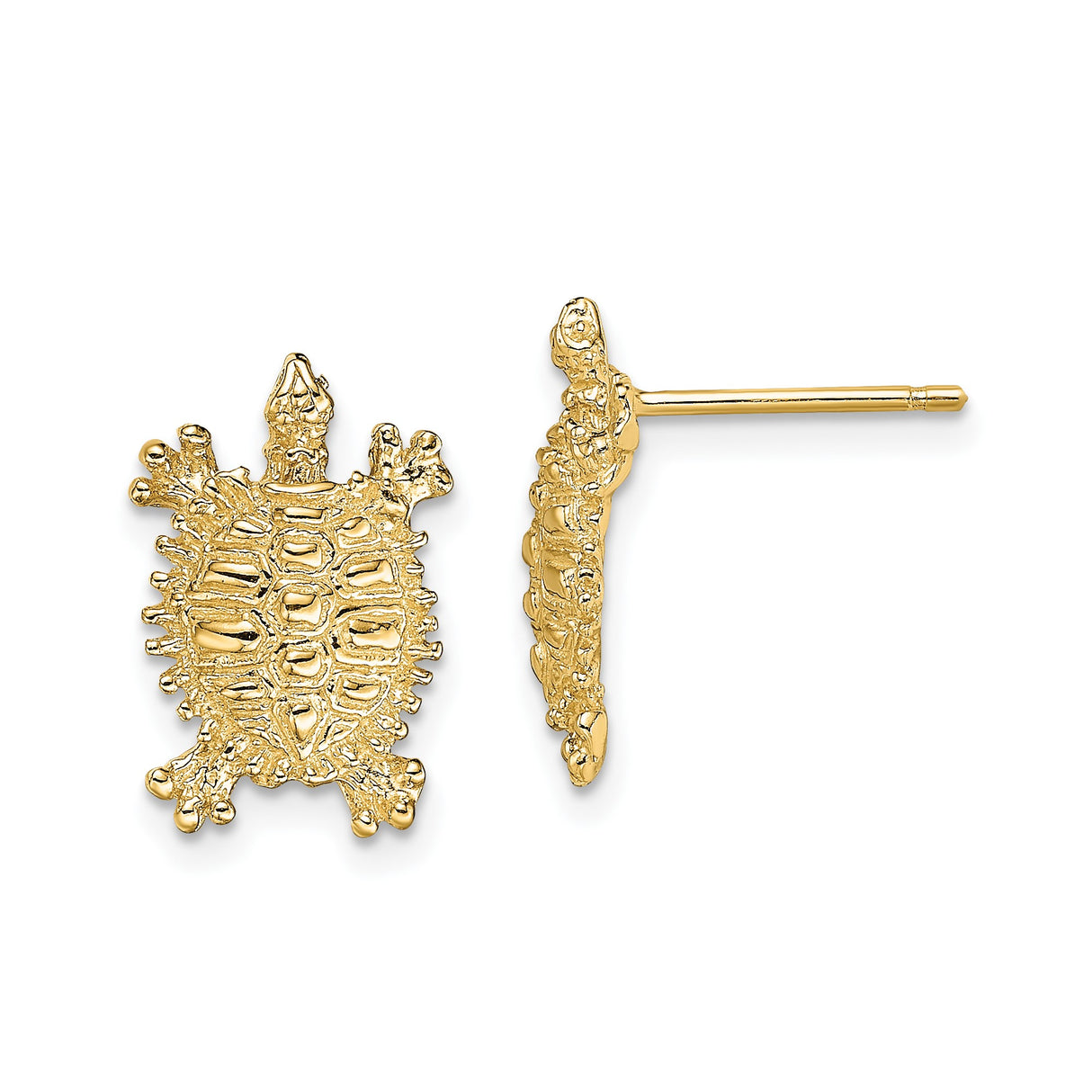 14k Yellow Gold Turtle Stud Earrings with Detailed Sea Turtle Design, Nautical Animal Jewelry