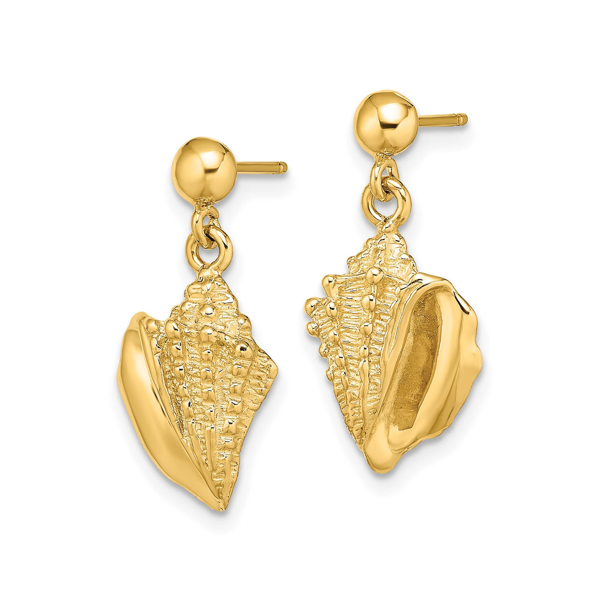 14k Yellow Gold Dangle Earrings with Conch Shell Design, Nautical and Coastal Theme for Women