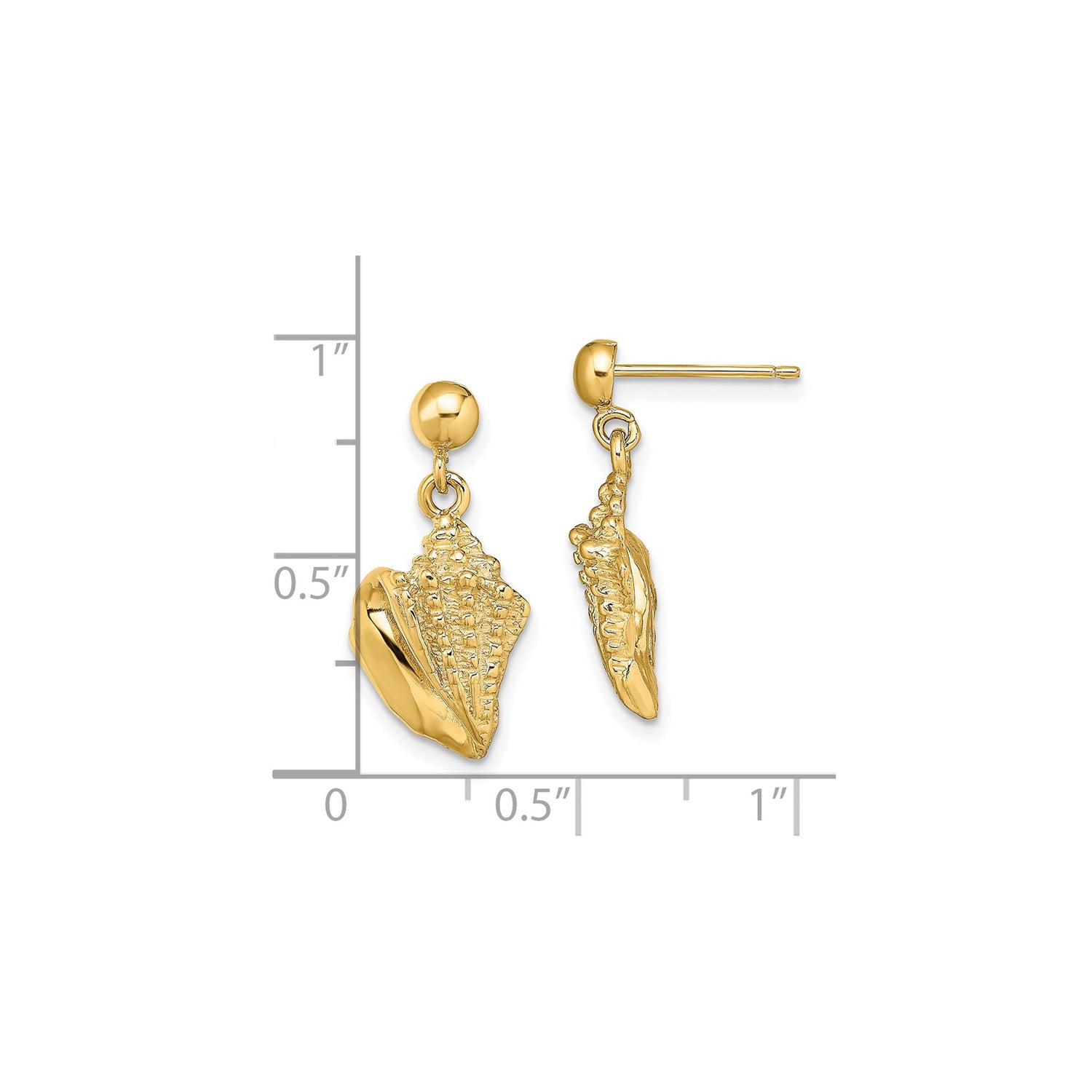 14k Yellow Gold Dangle Earrings with Conch Shell Design, Nautical and Coastal Theme for Women