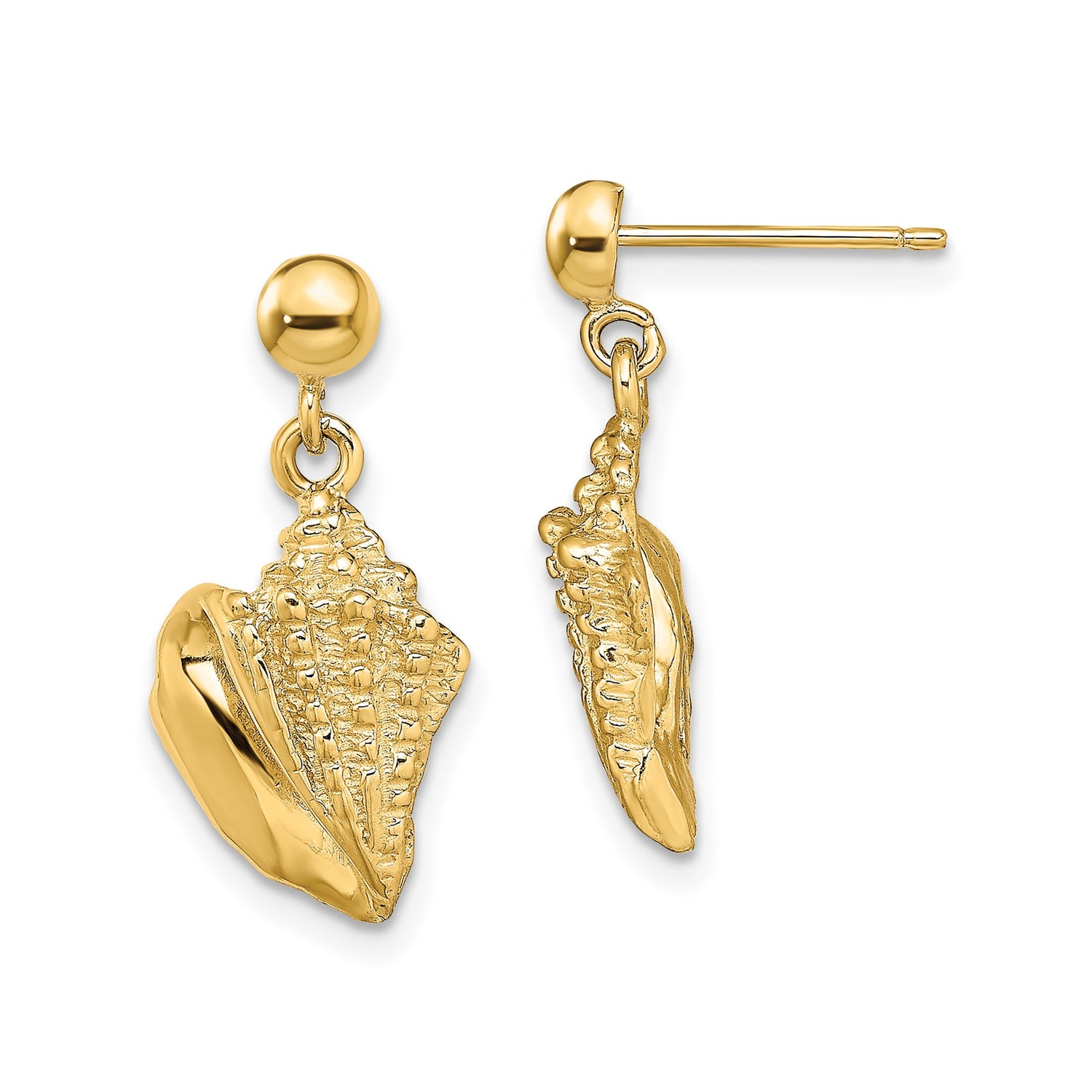 14k Yellow Gold Dangle Earrings with Conch Shell Design, Nautical and Coastal Theme for Women