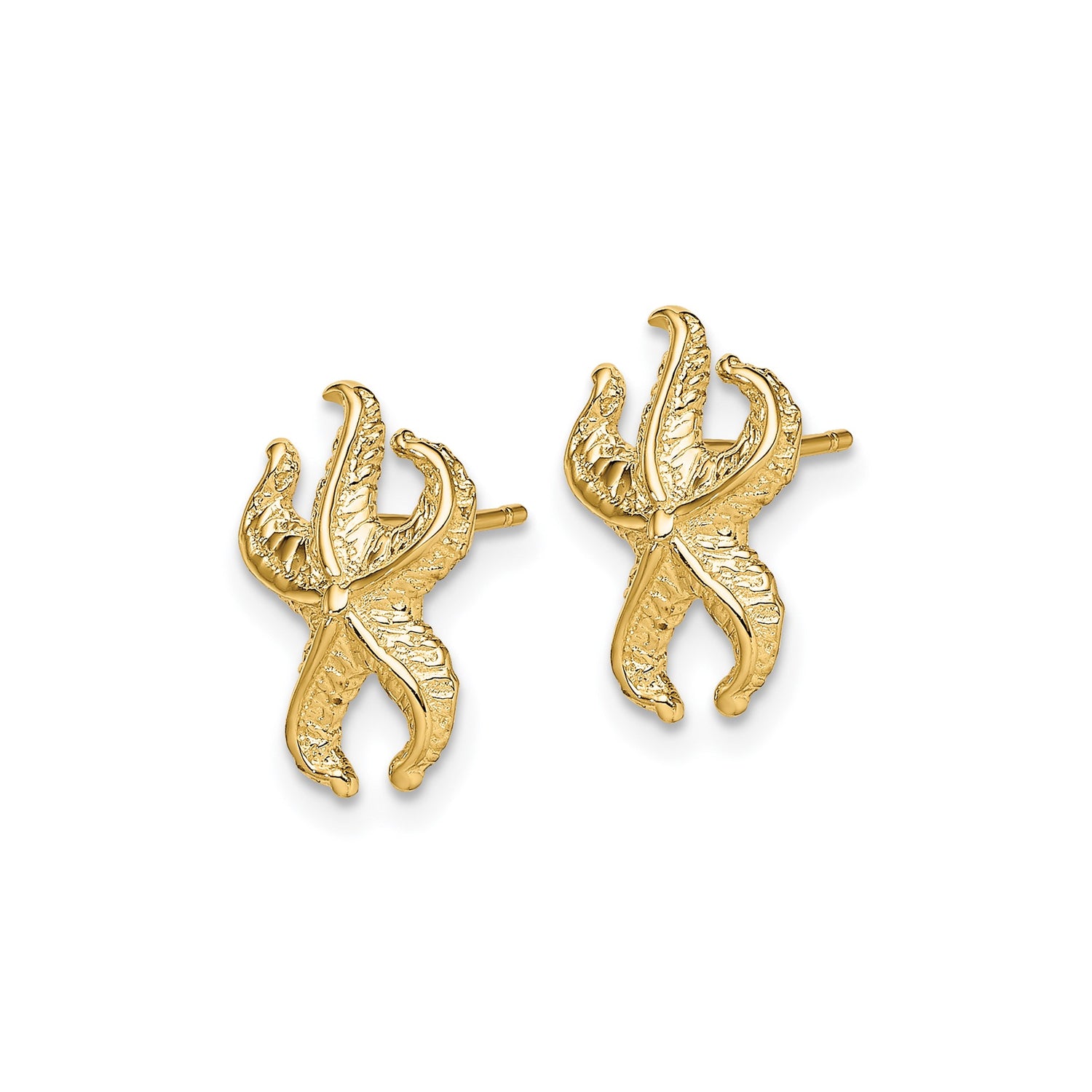 14k Yellow Gold Starfish Stud Earrings, Textured Marine Theme Coastal Design for Women
