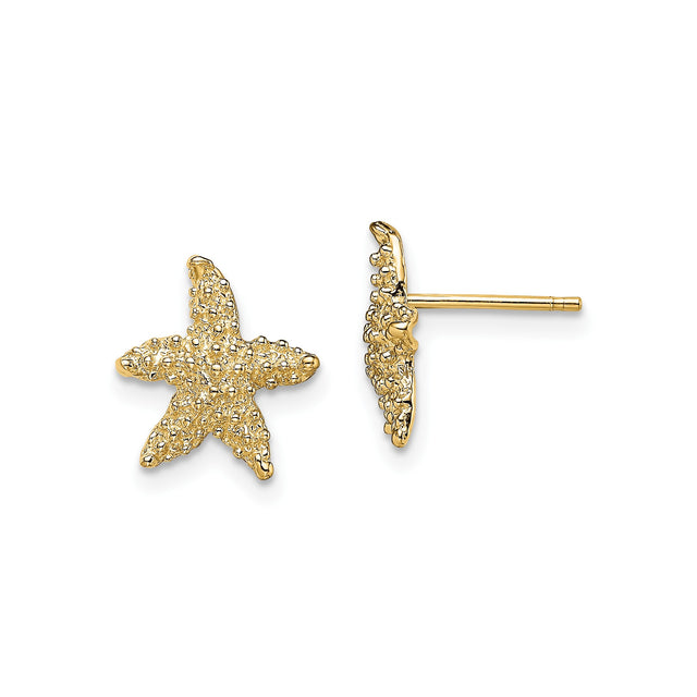 14k Yellow Gold Starfish Stud Earrings with Textured Ocean Design, Nautical Coastal Style