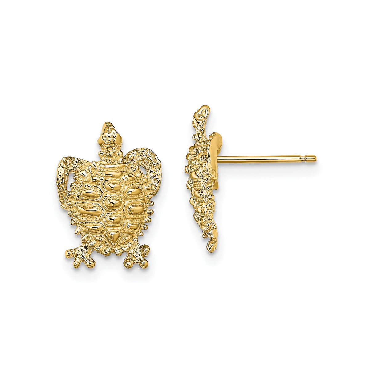14k Yellow Gold Turtle Stud Earrings, Textured Lifelike Design, Nature-Inspired Animal Motif