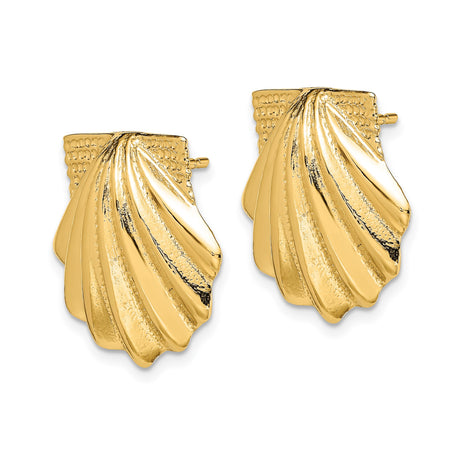14k Yellow Gold Scallop Shell Stud Earrings, Polished Textured Nautical Coastal Design for Women