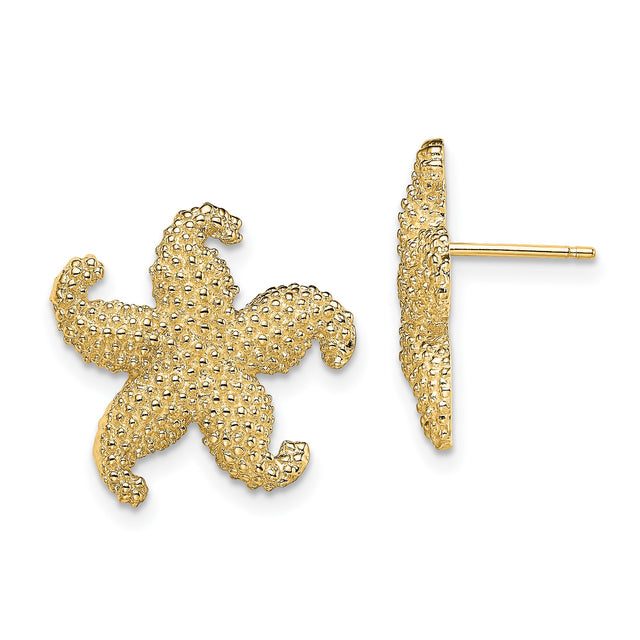 14k Yellow Gold Starfish Stud Earrings with Textured Nautical Sea Life Design